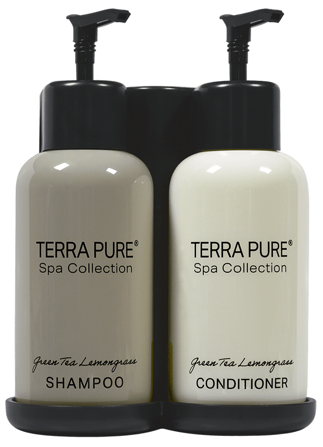 hotel shampoo and conditioner dispensers in white background