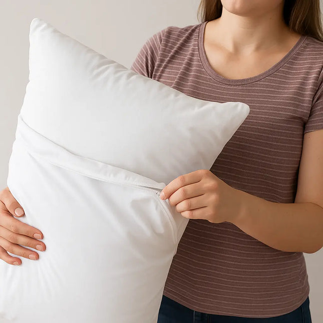 Person holding a white pillow against a neutral background