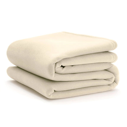 folded twin size ivory bed blanket on white background