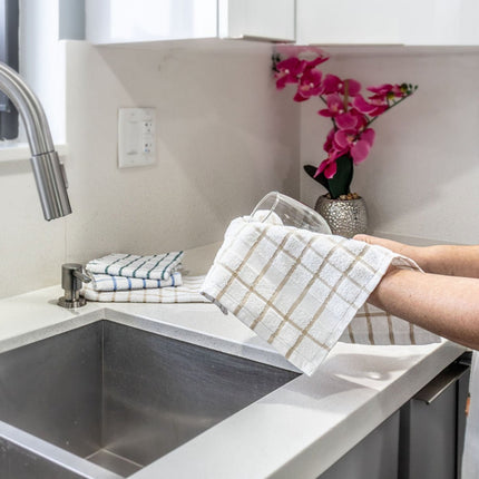 Soft and stylish Premium Kitchen Dish Towels in use, enhancing kitchen essentials with vibrant colors and durability.