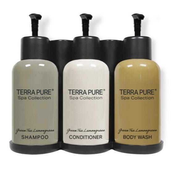 terra pure shampoo, conditioner, and body wash dispenser bottles on triple bracket on a white backgrounds