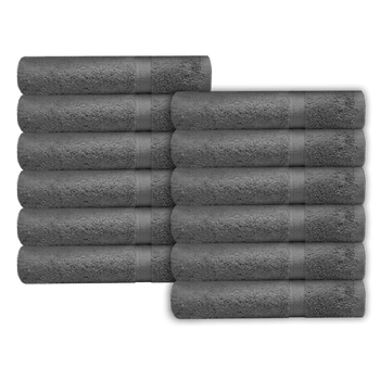 a dozen of grey color hotel towels