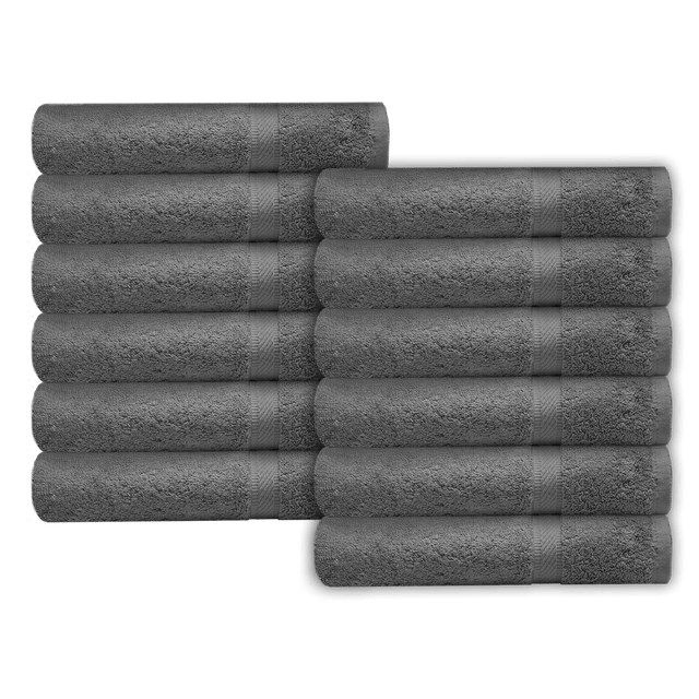 a dozen of grey color hotel towels