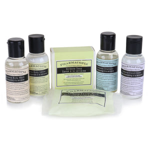 pharmacopia lotion, shampoo, body wash, conditioner and soaps together