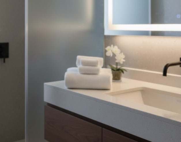 white towels folded on white vanity