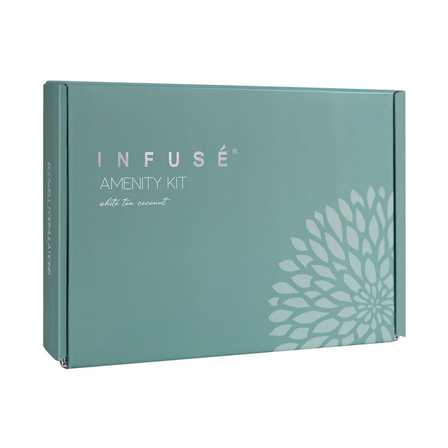Teal box labeled 'Infuse Amenity Kit' with floral design on a white background