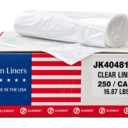 A roll of clear plastic can liners sits on top of a branded product box. The box is white, red, and blue with an American flag design and text reading 'Can Liners,' 'Made in the USA,' and 'Clear Liner 250 / Case 16.