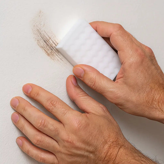 Hands using a white sponge to remove dirt from a white wall