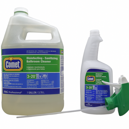 Two bottles of Comet disinfecting bathroom cleaner, one gallon and one spray bottle, on a white background.