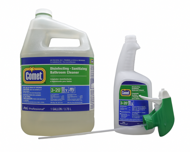 Two bottles of Comet disinfecting bathroom cleaner, one gallon and one spray bottle, on a white background.