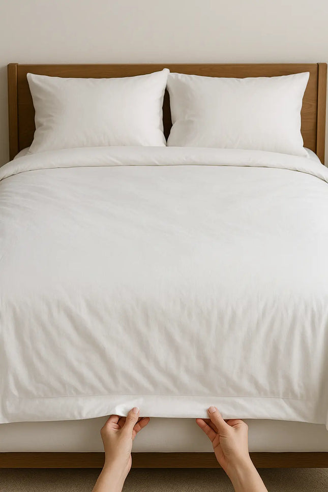 Person holding a white comforter over a neatly made bed with wooden headboard.