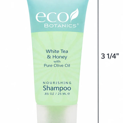 A tube of eco Botanics White Tea & Honey shampoo with dimension annotations showing the product height as 3 1/4 inches and the cap width as 7/8 inches on a white background.
