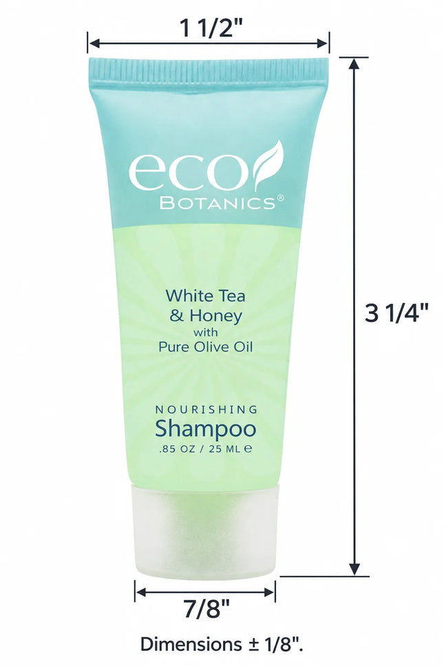 A tube of eco Botanics White Tea & Honey shampoo with dimension annotations showing the product height as 3 1/4 inches and the cap width as 7/8 inches on a white background.