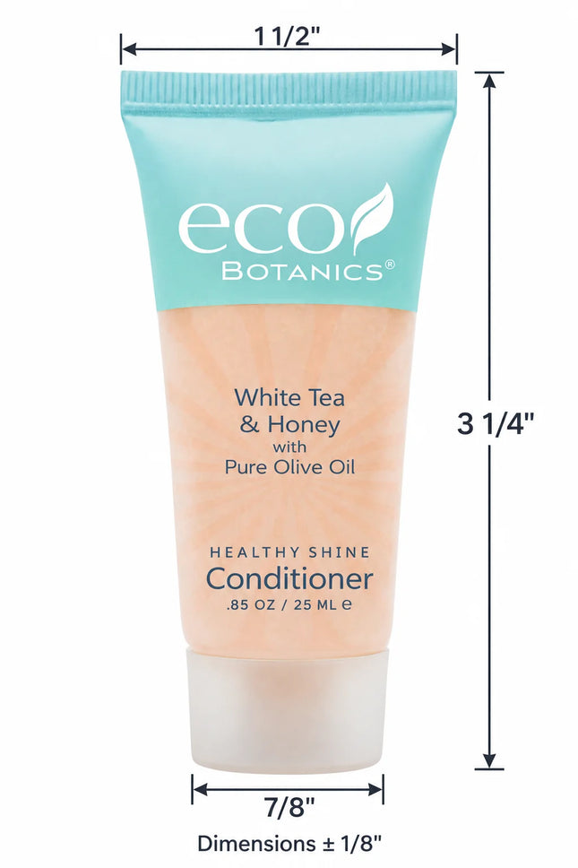 A squeeze tube of Eco Botanics White Tea & Honey with Pure Olive Oil Healthy Shine Conditioner, shown with dimension lines indicating a height of 3 1/4 inches and a width of 7/8 inches on a white background.