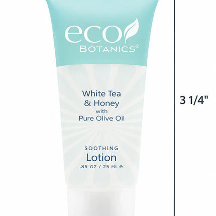 A tube of Eco Botanics White Tea & Honey Soothing Lotion with dimension annotations showing a height of 3 1/4 inches and a width of 7/8 inches on a white background.