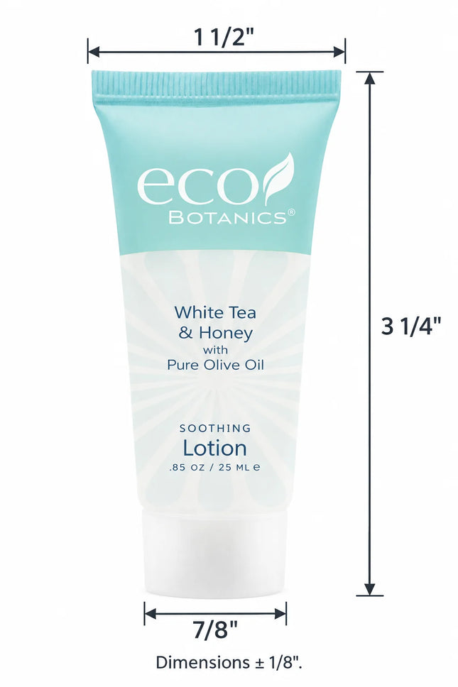 A tube of Eco Botanics White Tea & Honey Soothing Lotion with dimension annotations showing a height of 3 1/4 inches and a width of 7/8 inches on a white background.