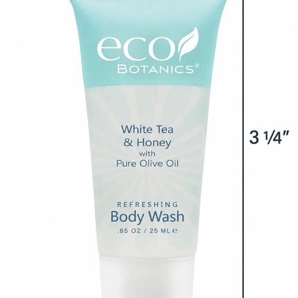 A tube of eco Botanics White Tea & Honey body wash with dimension arrows and measurements showing the product height as 3 1/4 inches and width as 7 1/2 inches on a white background.