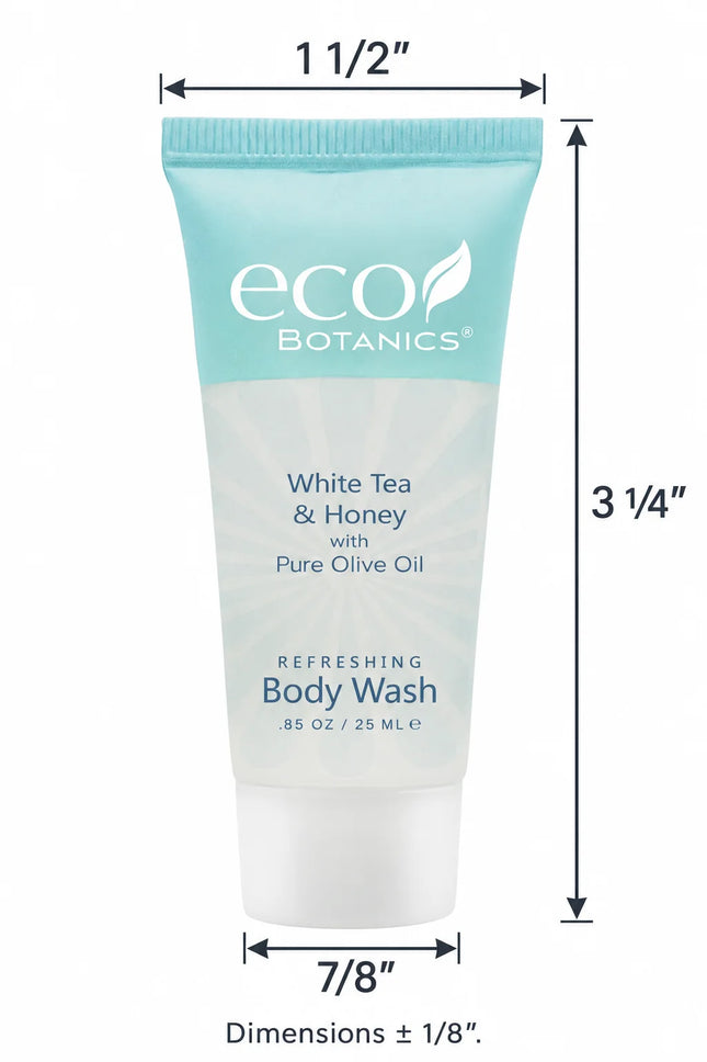 A tube of eco Botanics White Tea & Honey body wash with dimension arrows and measurements showing the product height as 3 1/4 inches and width as 7 1/2 inches on a white background.