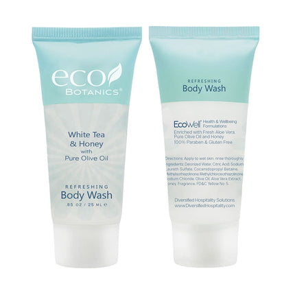 Two bottles of eco.Botanics body wash on a white background