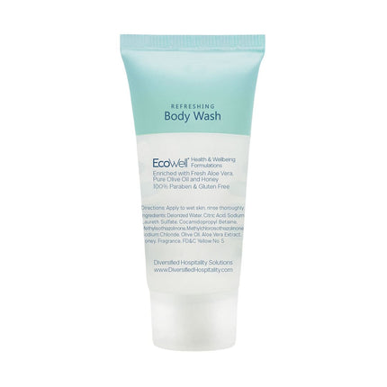 Body wash tube with blue cap and white body on a white background