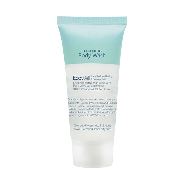 Body wash tube with blue cap and white body on a white background