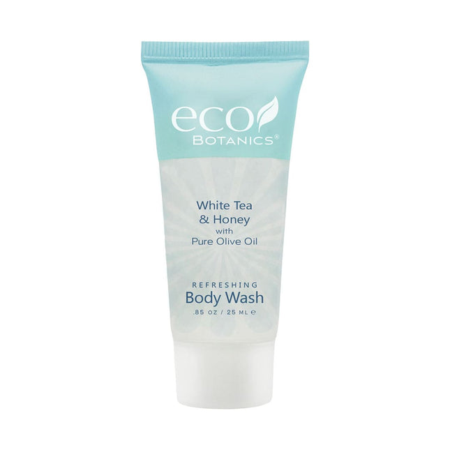 Tube of eco botanics White Tea & Honey body wash on a white background