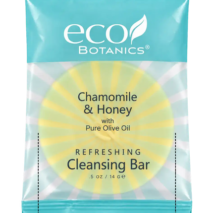 A single Eco Botanics Chamomile & Honey cleansing bar in its retail packaging, shown against a white background with a measurement label at the bottom indicating the actual soap width.