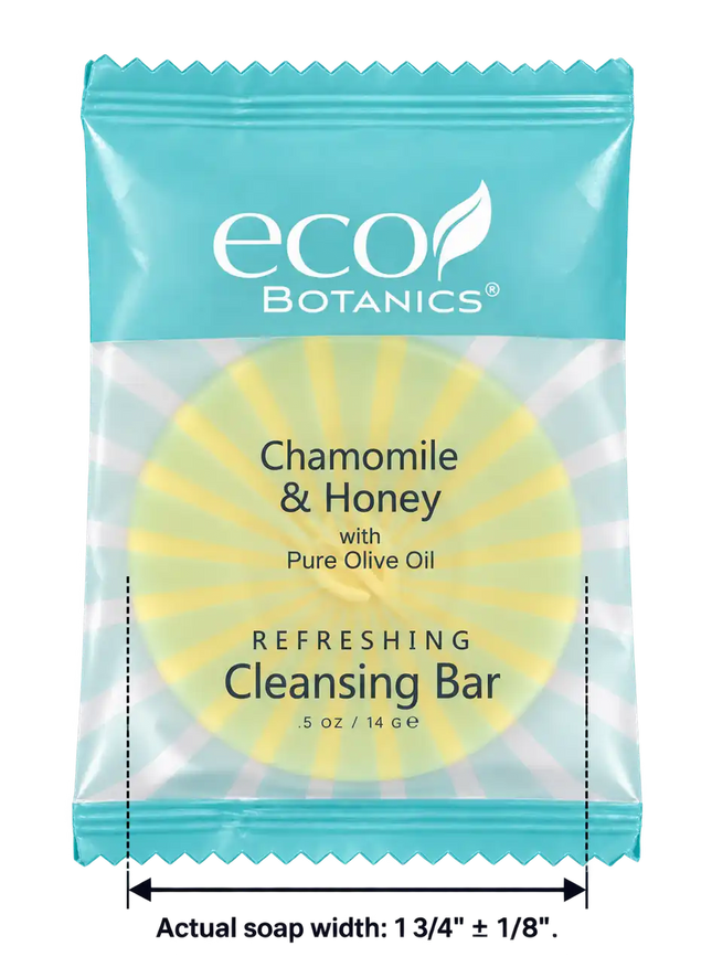 A single Eco Botanics Chamomile & Honey cleansing bar in its retail packaging, shown against a white background with a measurement label at the bottom indicating the actual soap width.