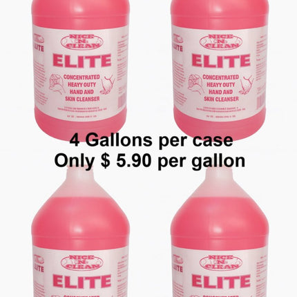 Four bottles of Elite hand and skin cleaner with a promotional message on a white background.