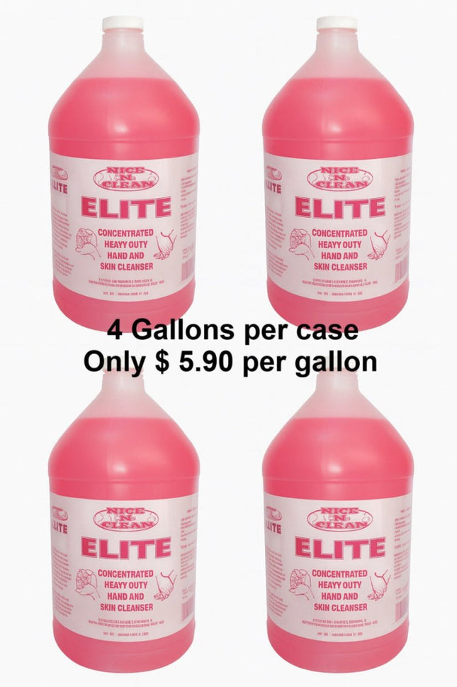Four bottles of Elite hand and skin cleaner with a promotional message on a white background.