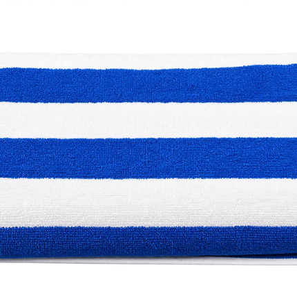 A folded cotton towel with horizontal stripes in royal blue and white, shown against a plain white background.
