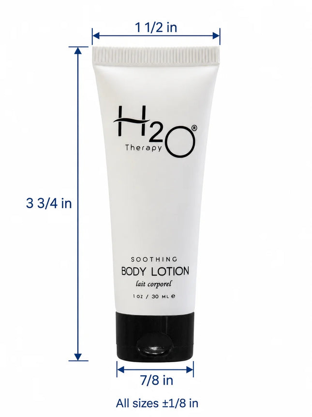 A white squeeze tube of H2O Therapy Soothing Body Lotion with a black cap, shown with blue dimension arrows and text indicating height, width, and base size on a white background.