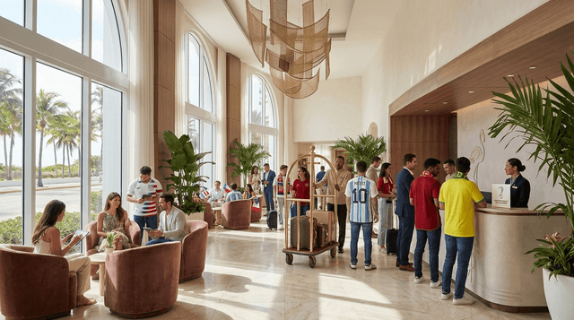 People in a hotel lobby in Miami during FIFA World Cup 2026