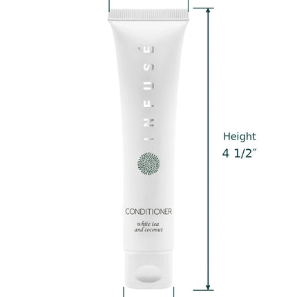 A white conditioner tube centered on a white background with measurement annotations showing top width 1 1/4", height 4 1/2", and bottom width 3/4".