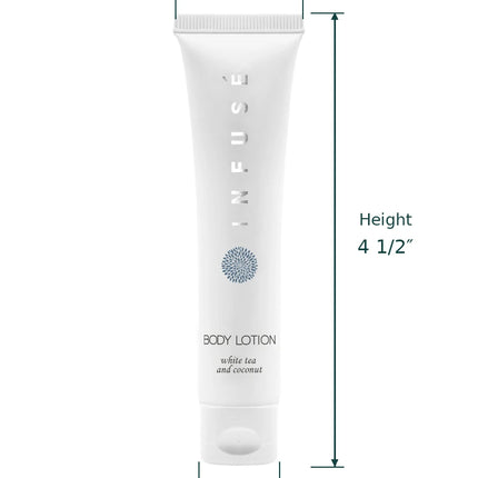 White Infuse Body Lotion tube with dimension annotations showing top width 1 1/4 inches, height 4 1/2 inches, and bottom width 3 1/4 inches on a white background.