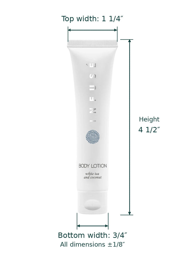 White Infuse Body Lotion tube with dimension annotations showing top width 1 1/4 inches, height 4 1/2 inches, and bottom width 3 1/4 inches on a white background.