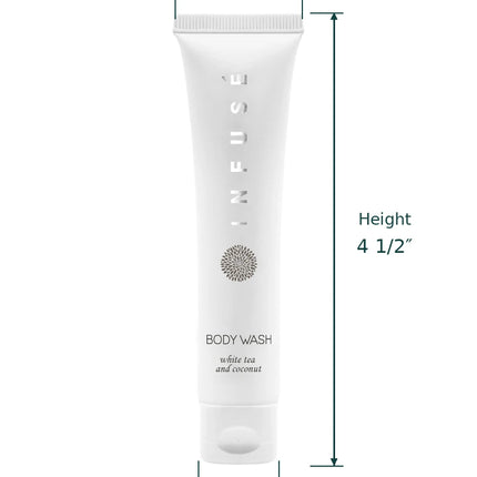 A white tube of body wash centered on a white background with measurement annotations showing top width 1 1/4 inches, height 4 1/2 inches, and bottom width 3 1/4 inches.