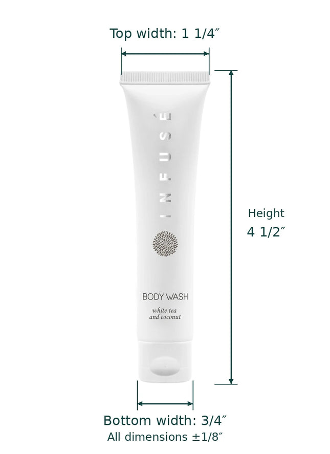 A white tube of body wash centered on a white background with measurement annotations showing top width 1 1/4 inches, height 4 1/2 inches, and bottom width 3 1/4 inches.