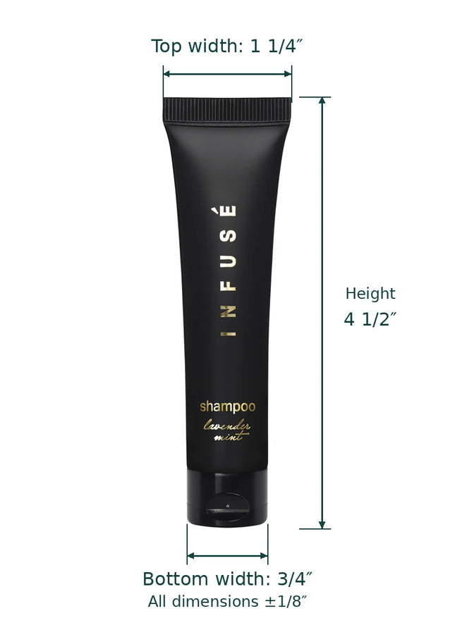 Black Infuse Shampoo squeeze tube with dimension annotations showing top width 1 1/4 inches, height 4 1/2 inches, and bottom width 3/4 inches on a white background.