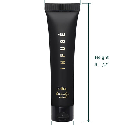 Black Infuse Body Wash tube with dimension annotations showing top width 1 1/4", height 4 1/2", and bottom width 3/4" on a white background.