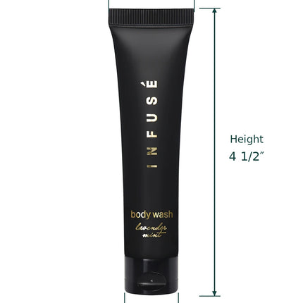 Black Infuse Body Wash tube with dimension annotations showing top width 1 1/4", height 4 1/2", and bottom width 3/4" on a white background.