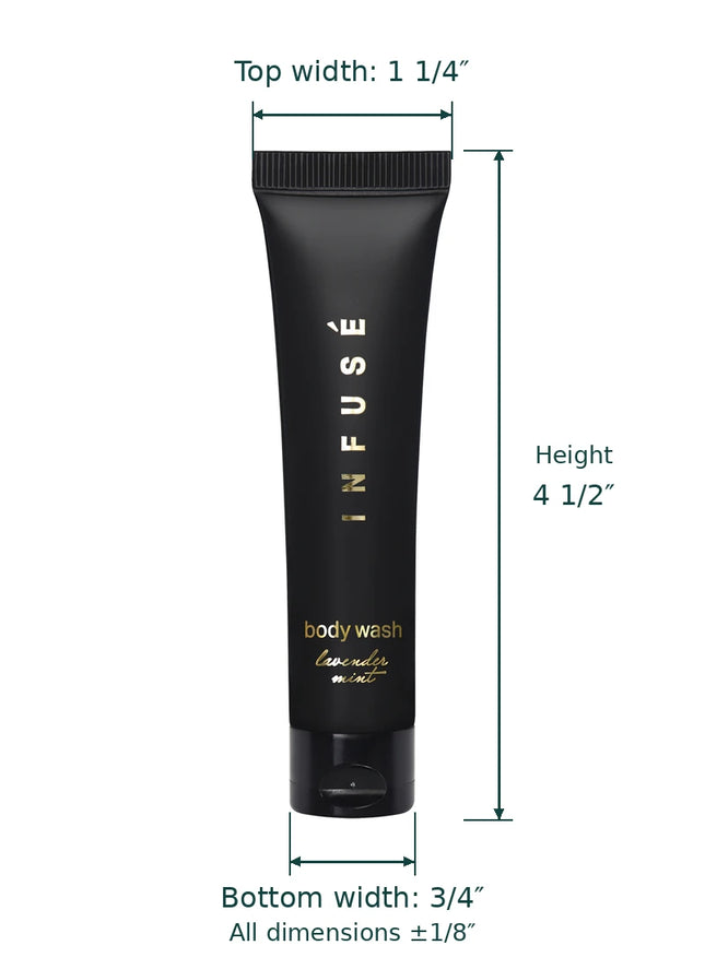 Black Infuse Body Wash tube with dimension annotations showing top width 1 1/4", height 4 1/2", and bottom width 3/4" on a white background.