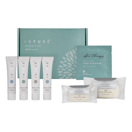 Skincare product set with tubes and a bar of soap, branded 'Infuse'.