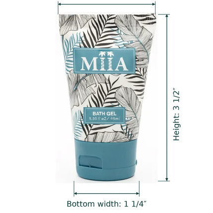 A bath gel tube with tropical leaf print and blue branding, shown with dimension lines indicating top width 2", height 3 1/2", and bottom width 1 1/4" on a white background.