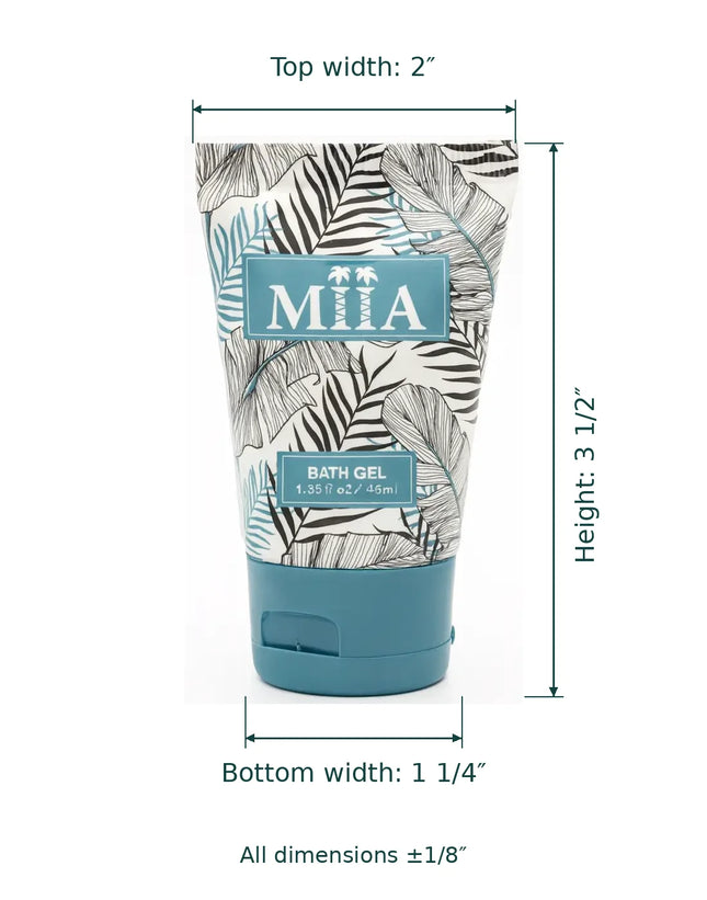 A bath gel tube with tropical leaf print and blue branding, shown with dimension lines indicating top width 2", height 3 1/2", and bottom width 1 1/4" on a white background.