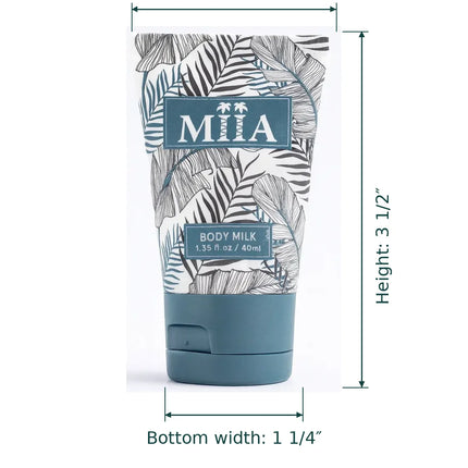 A MiiA body milk tube with tropical leaf print and teal cap, shown with dimension lines and text indicating top width 2", height 3 1/2", and bottom width 1 1/4" on a white background.