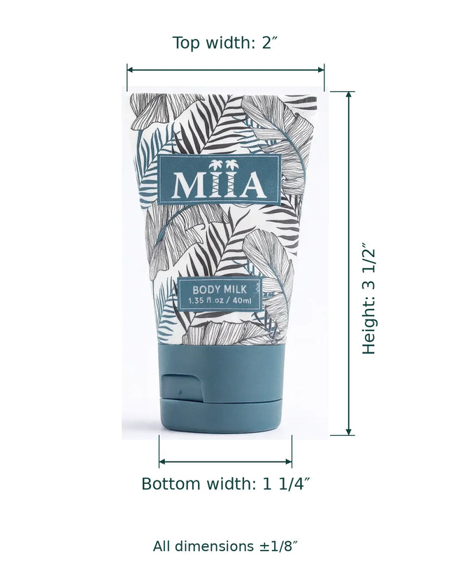 A MiiA body milk tube with tropical leaf print and teal cap, shown with dimension lines and text indicating top width 2", height 3 1/2", and bottom width 1 1/4" on a white background.
