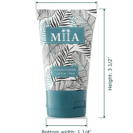A tube of M/A Conditioner with tropical leaf pattern and teal cap, shown with dimension lines and text indicating top width 2", height 3 1/2", and bottom width 1 1/4".