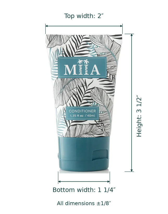 A tube of M/A Conditioner with tropical leaf pattern and teal cap, shown with dimension lines and text indicating top width 2", height 3 1/2", and bottom width 1 1/4".