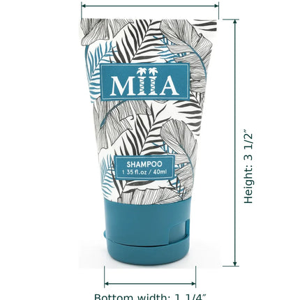 A shampoo squeeze tube with dimension callouts showing top width 2 inches, height 3 1/2 inches, and bottom width 1 1/4 inches on a white background.